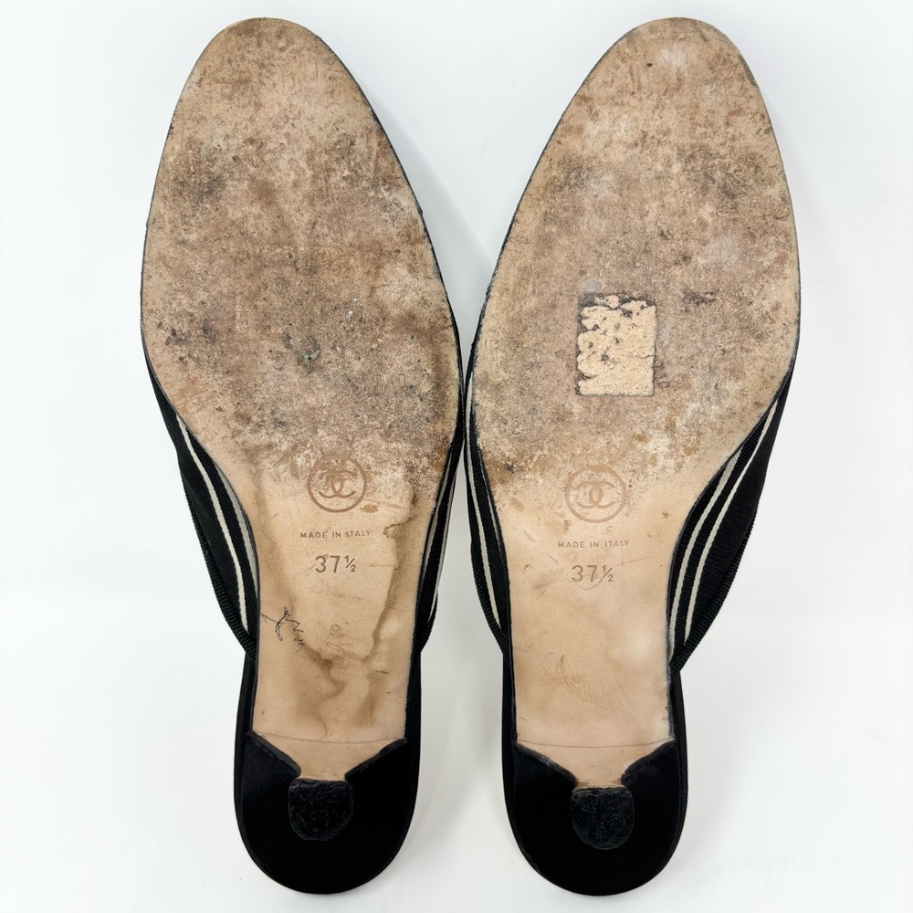Chanel CC Cap Toe Bow Mules Black Canvas Kitten Heel Size 37.5 Y2K Vintage Satin - Picture 13 of 16
